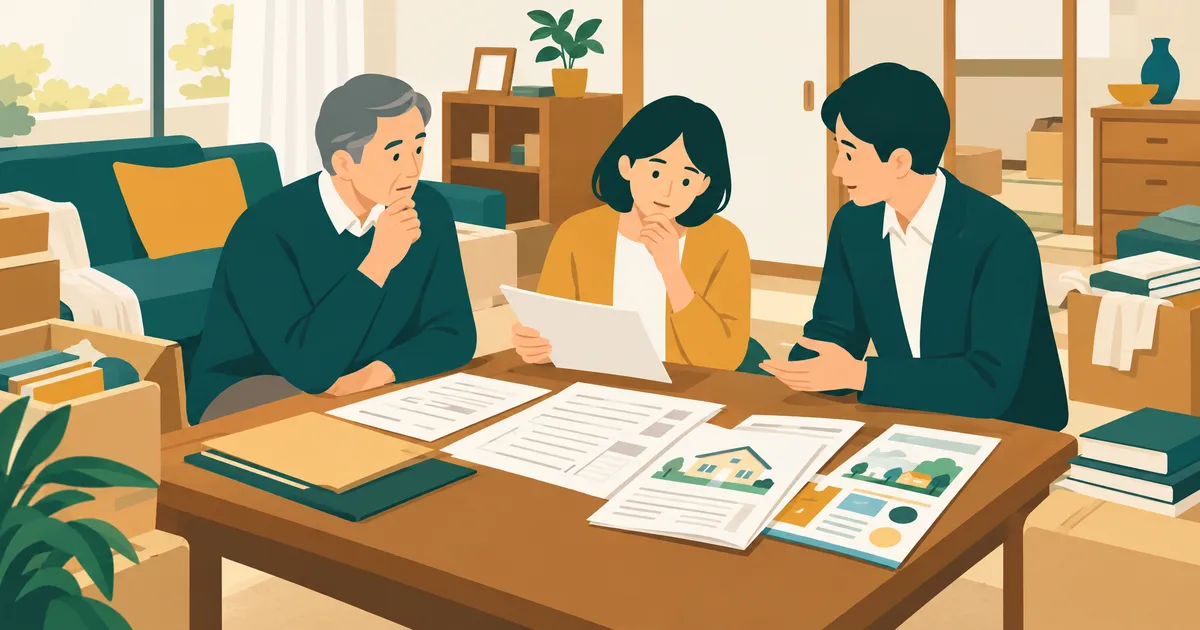 片付けが途中の実家の居間で、登記の書類と制度の案内を広げて考える相続人