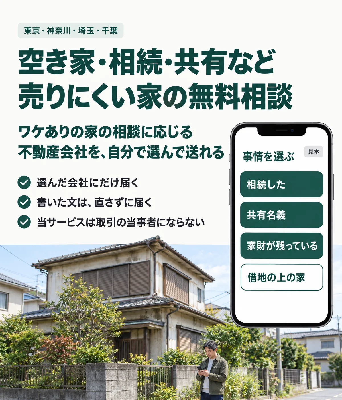 空き家・相続・共有など、売りにくい家の無料相談。ワケありの家の相談に応じる不動産会社を、自分で選んで送れる。東京・神奈川・埼玉・千葉